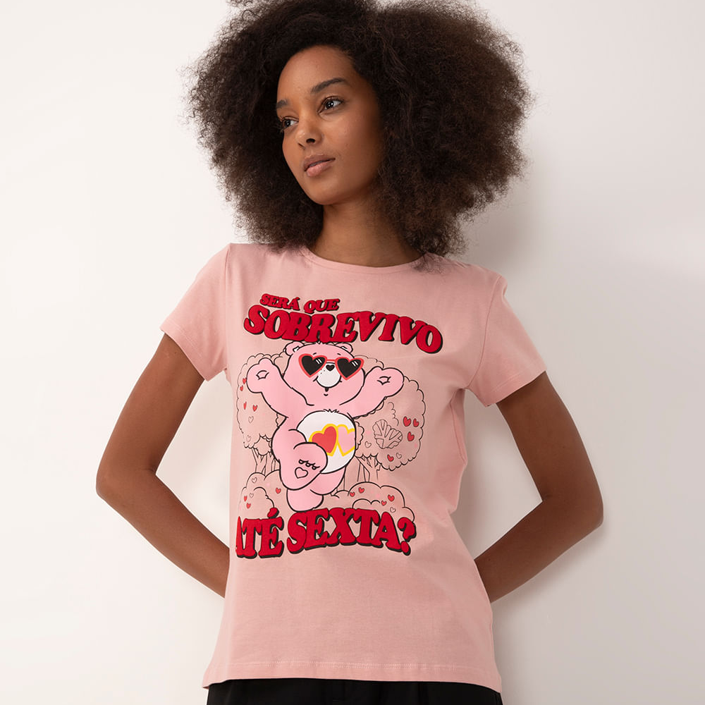 Camiseta de algodão ursinhos carinhosos manga curta rosa claro Camiseta de algodão ursinhos carinhosos manga curta rosa claro