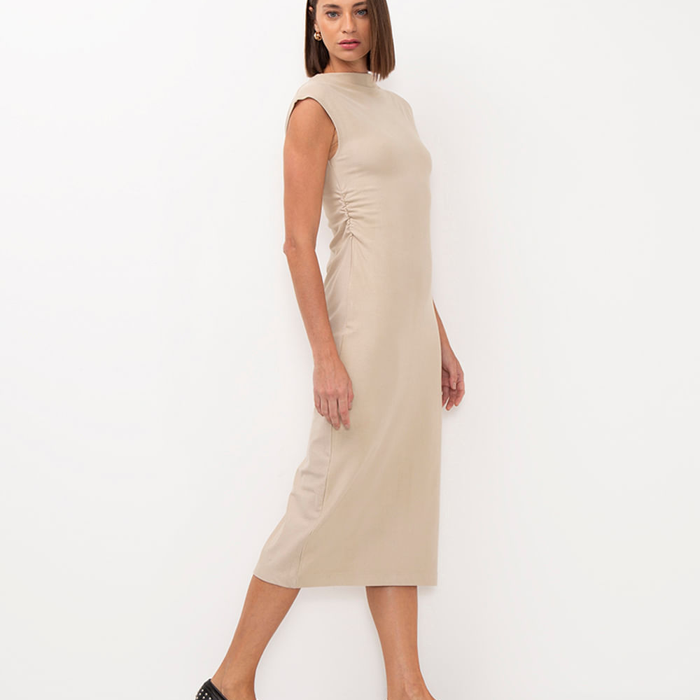 Vestido midi de viscose com franzido bege Vestido midi de viscose com franzido bege