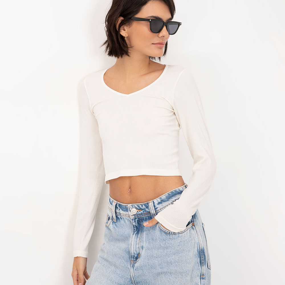 Cropped canelado decote v manga longa off white Cropped canelado decote v manga longa off white