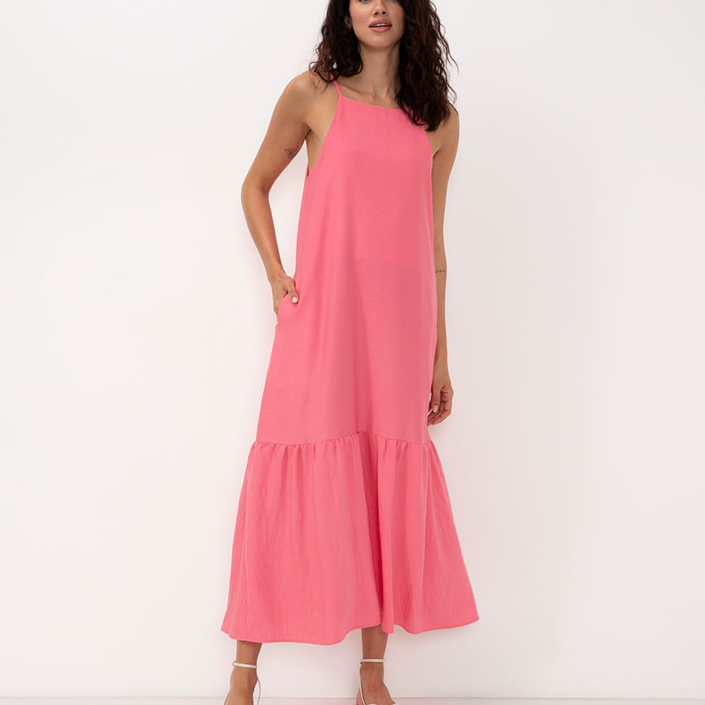 Vestido longo de viscose decote halter neck rosa médio Vestido longo de viscose decote halter neck rosa médio