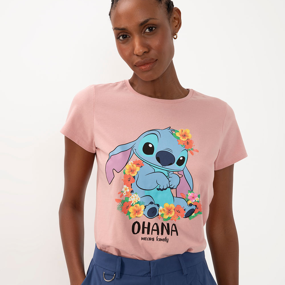 Camiseta de algodão stitch ohana manga curta rosa Camiseta de algodão stitch ohana manga curta rosa