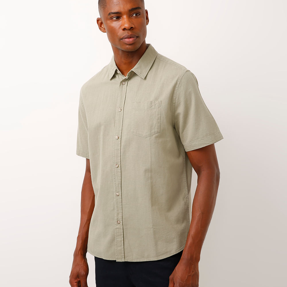 Camisa comfort com linho manga curta - verde médio Camisa comfort com linho manga curta - verde médio