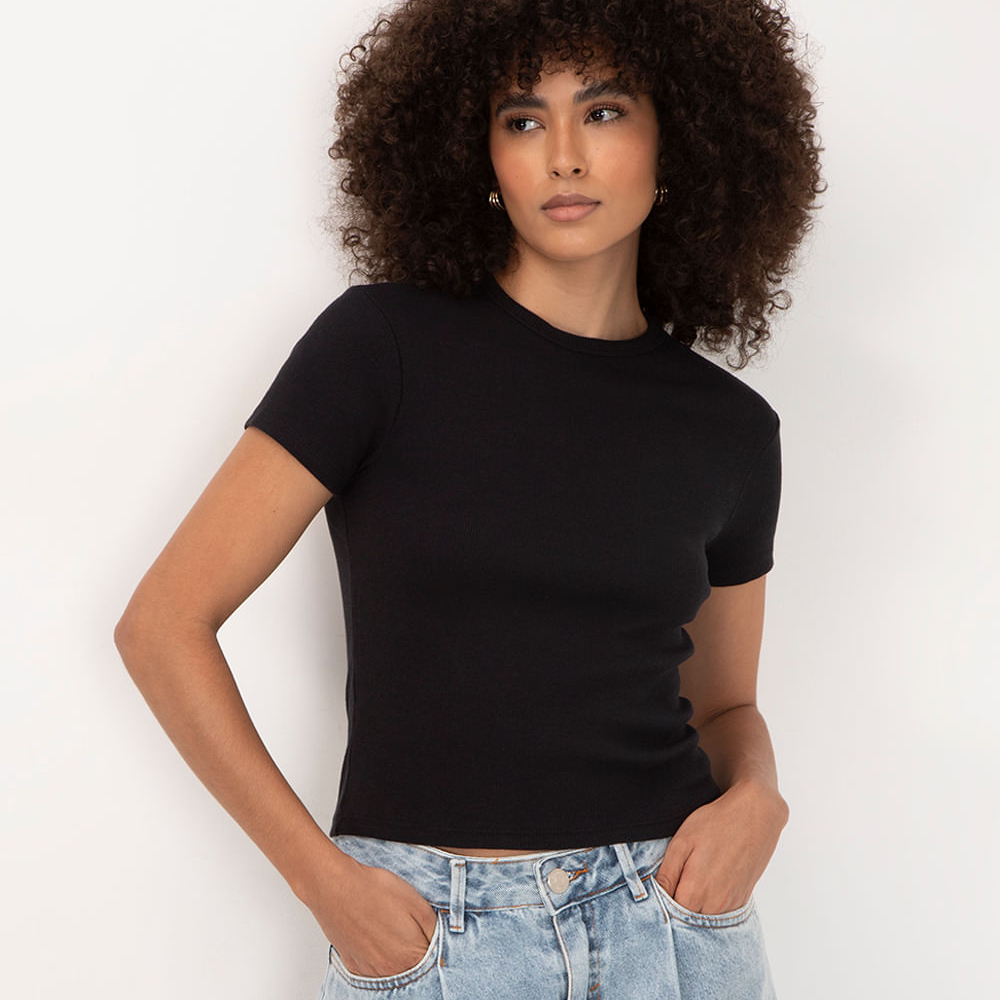 Blusa de algodão canelada manga curta - preto Blusa de algodão canelada manga curta - preto