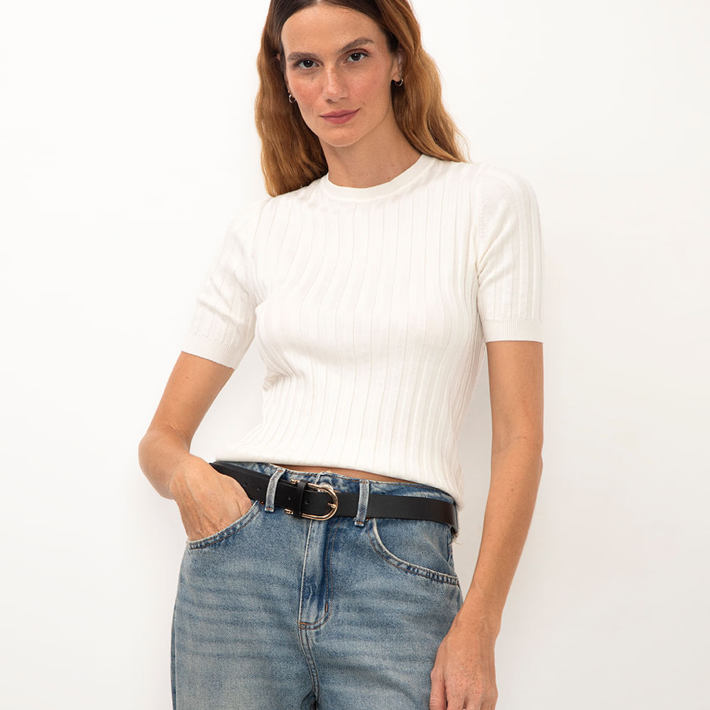 Blusa de tricot canelada manga curta - off white Blusa de tricot canelada manga curta - off white