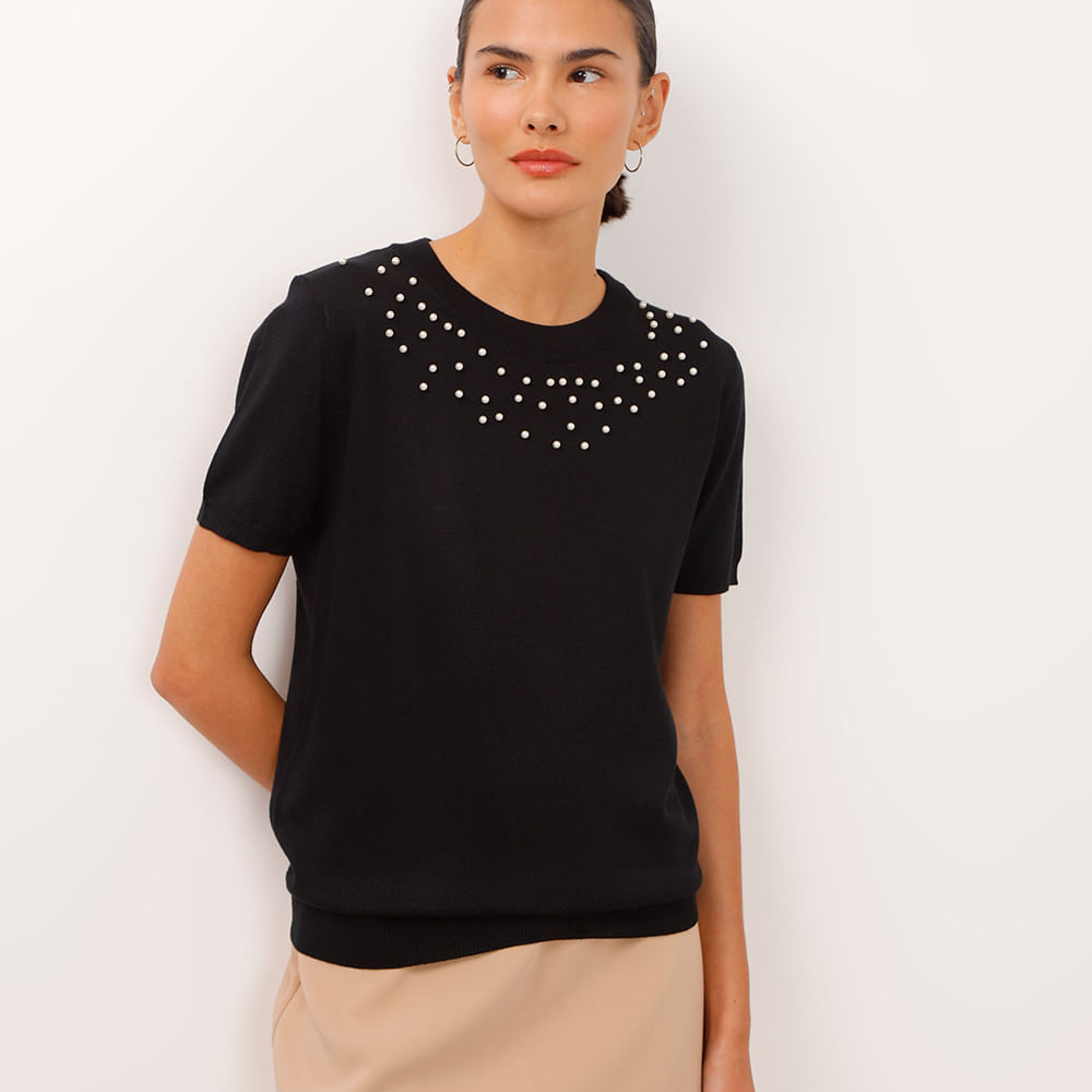 Blusa de tricot manga curta com pérolas preta Blusa de tricot manga curta com pérolas preta