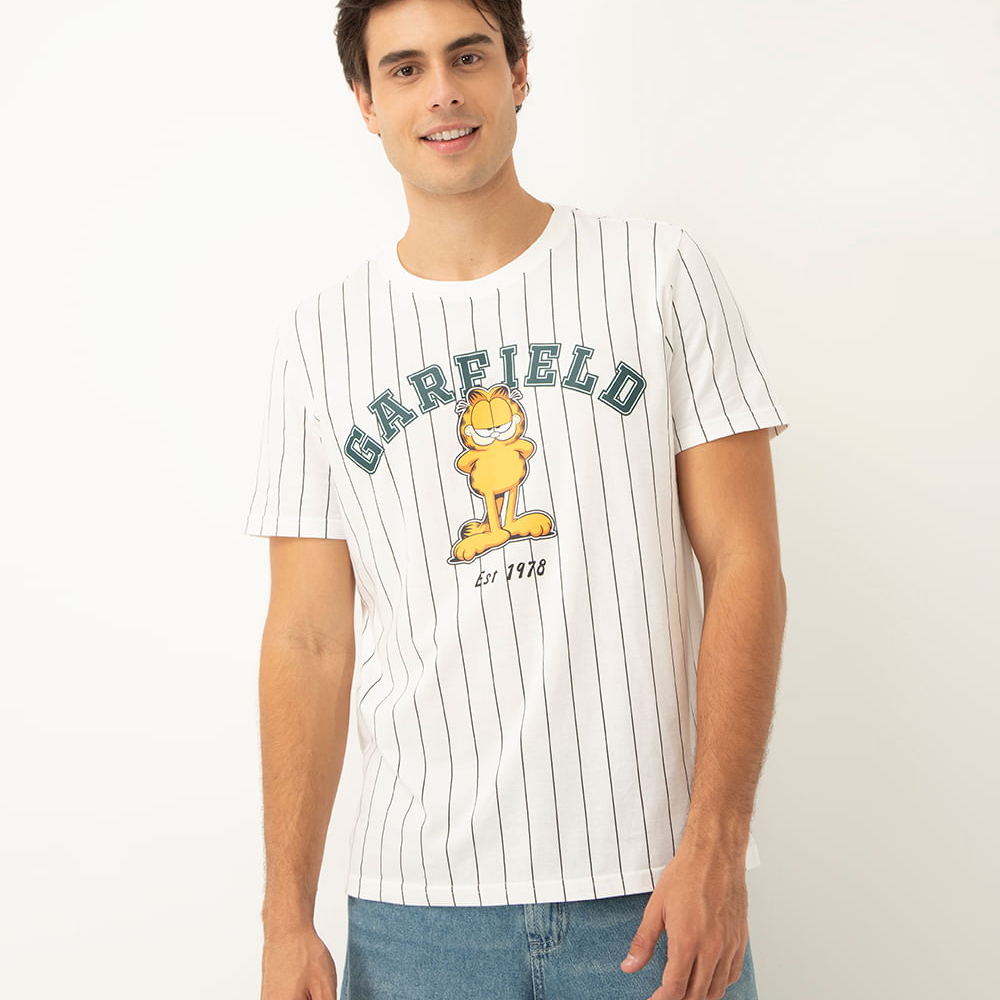 Camiseta de algodão garfield listrada manga curta off white Camiseta de algodão garfield listrada manga curta off white