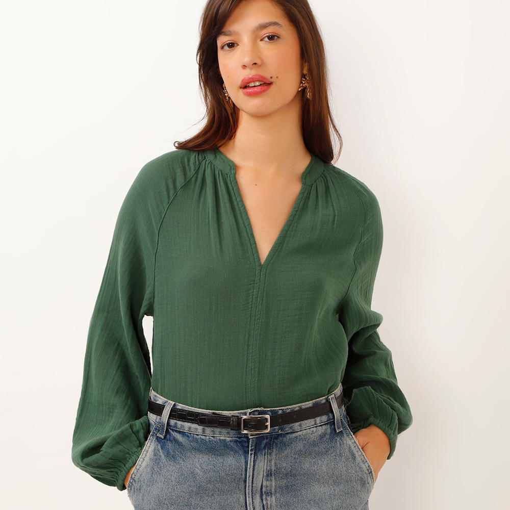 Blusa bata de algodão decote v manga longa verde Blusa bata de algodão decote v manga longa verde