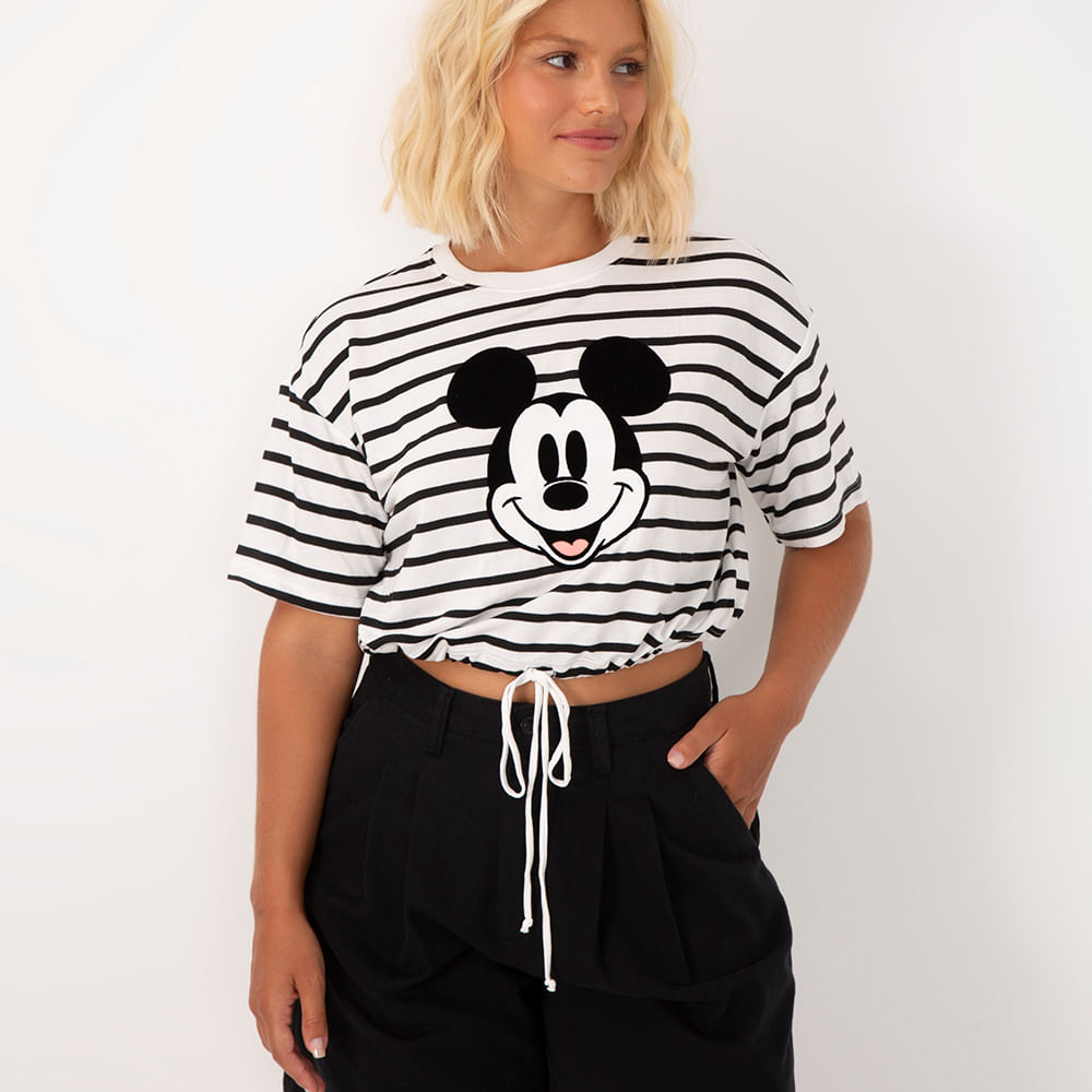Cropped de algodão mickey listrado manga curta off white Cropped de algodão mickey listrado manga curta off white