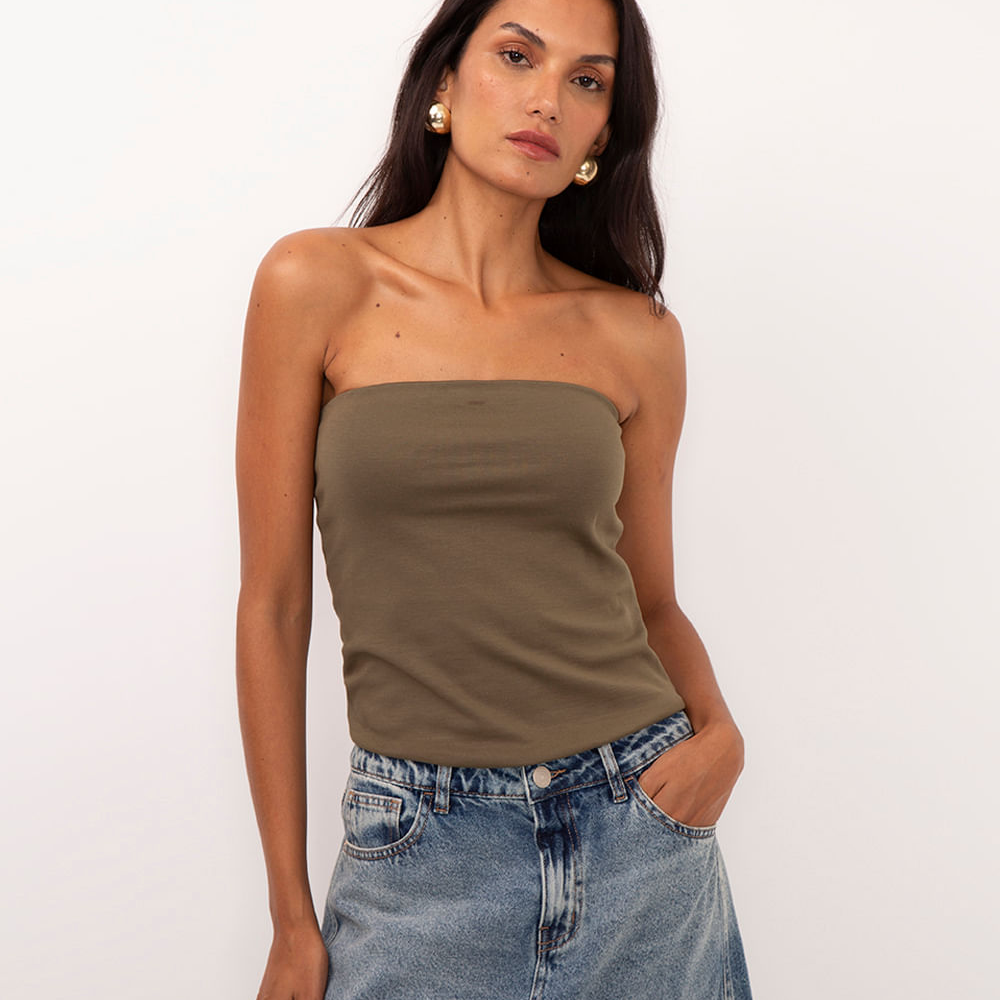 Blusa decote reto sem alça com zíper verde militar Blusa decote reto sem alça com zíper verde militar