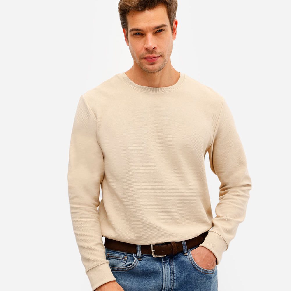 Camiseta masculina manga longa texturizada bege Camiseta masculina manga longa texturizada bege