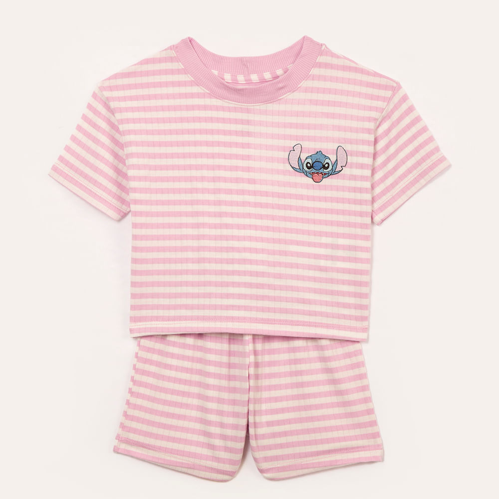 Pijama de viscose infantil curto listrado stitch lilás Pijama de viscose infantil curto listrado stitch lilás