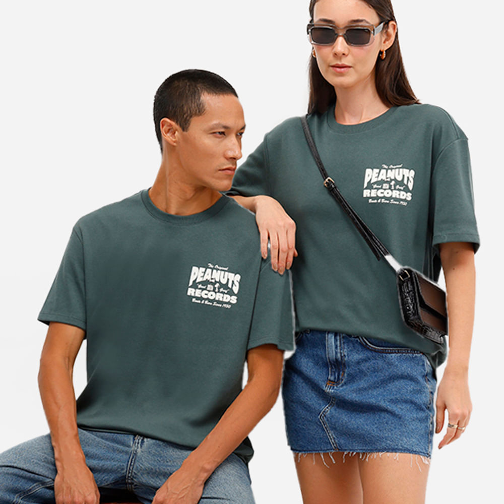 Camiseta de algodão manga curta snoopy peanuts verde