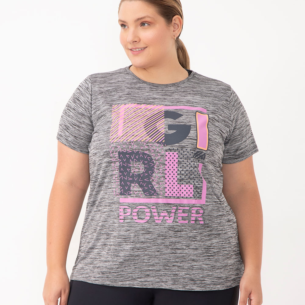 Camiseta girl power esportiva plus size cinza Camiseta girl power esportiva plus size cinza