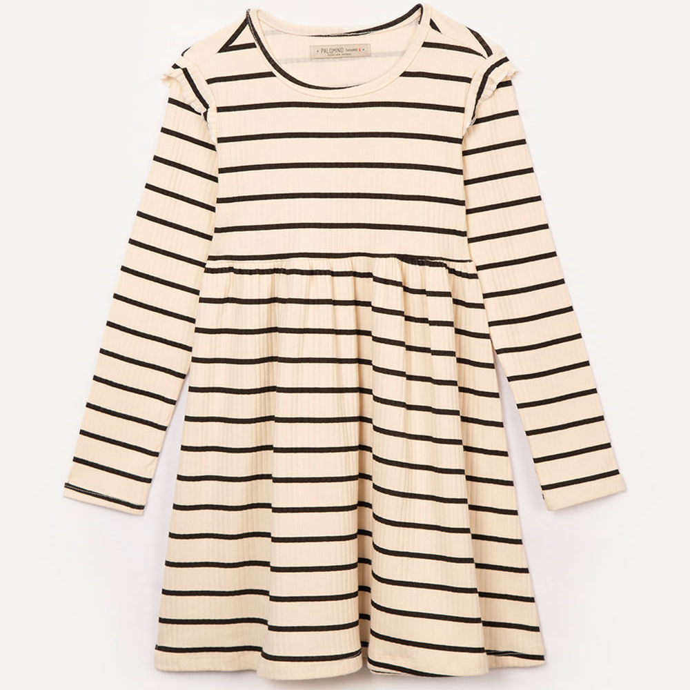 Vestido infantil canelado manga longa listrado bege