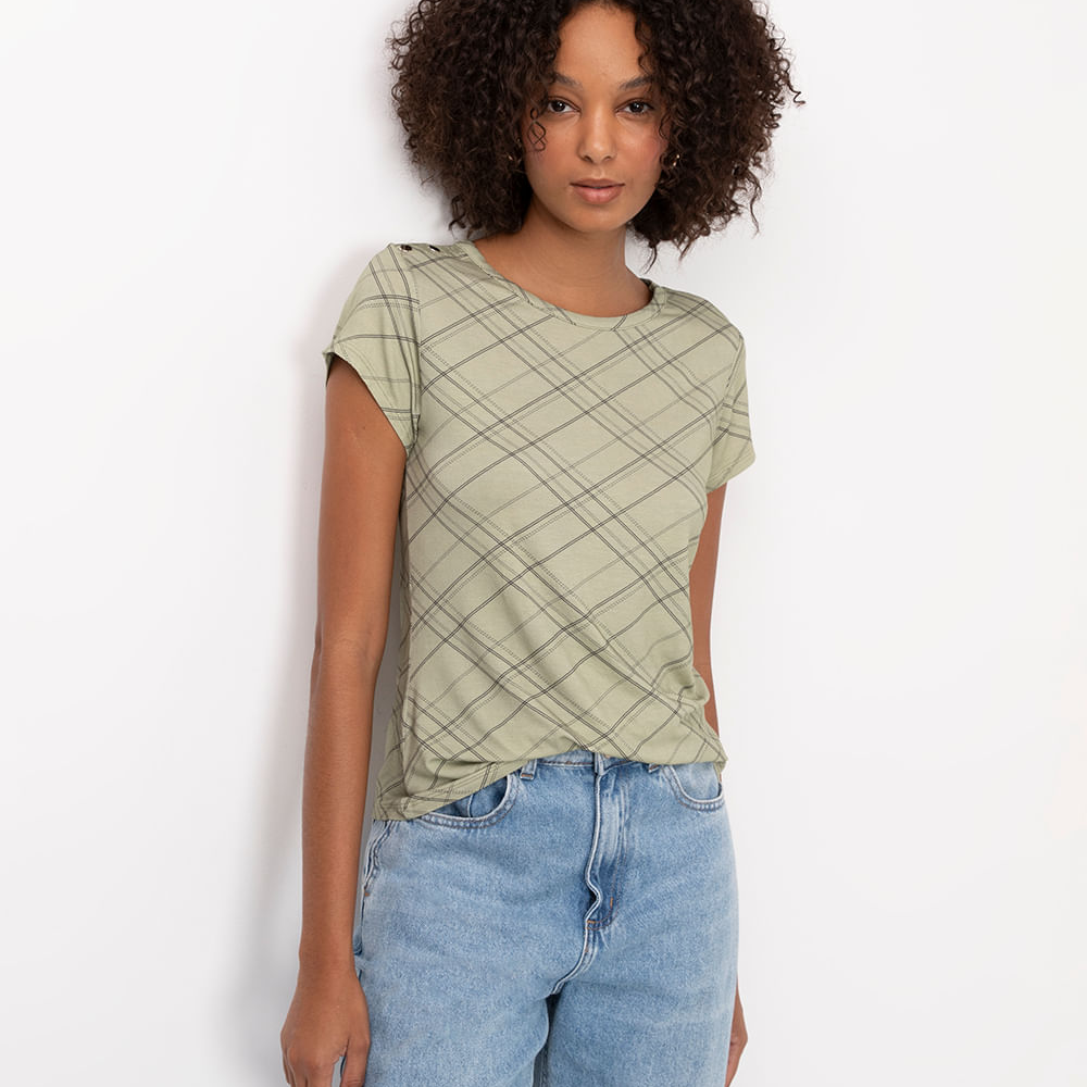 Blusa de viscose quadriculada com botões verde
