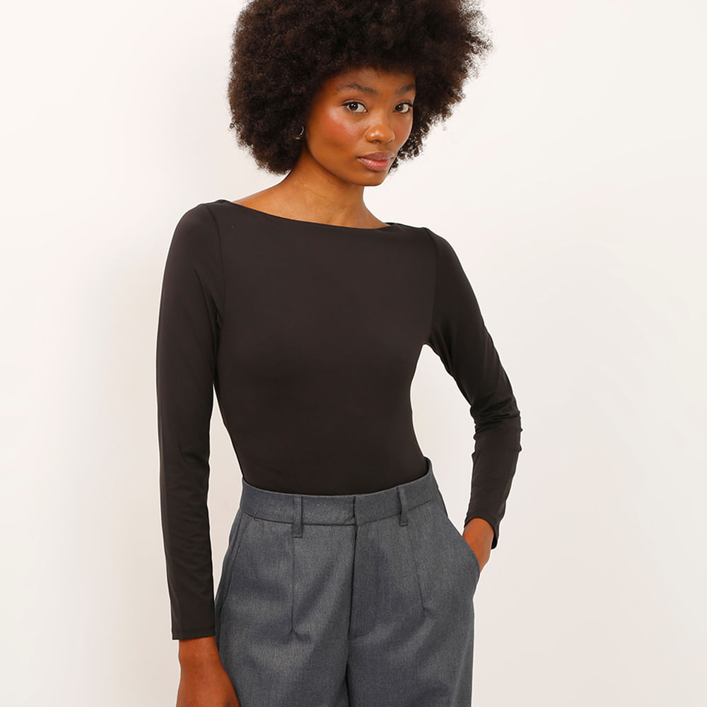 Body decote canoa manga longa preto Body decote canoa manga longa preto