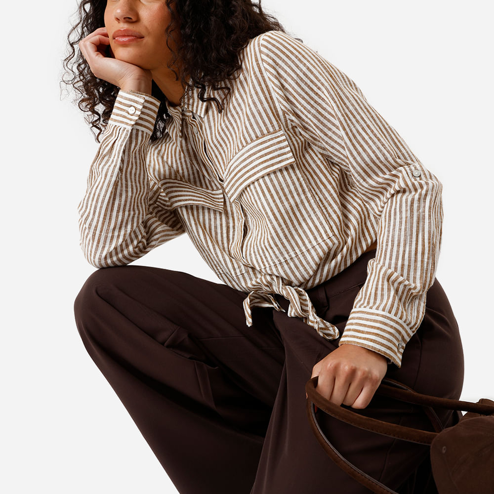 Camisa feminina manga longa amarração listrada marrom Camisa feminina manga longa amarração listrada marrom