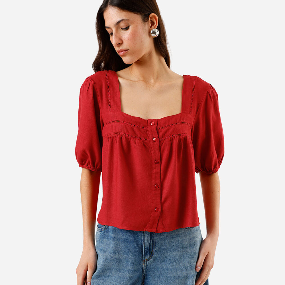 Blusa com linho decote quadrado manga bufante vermelha Blusa com linho decote quadrado manga bufante vermelha
