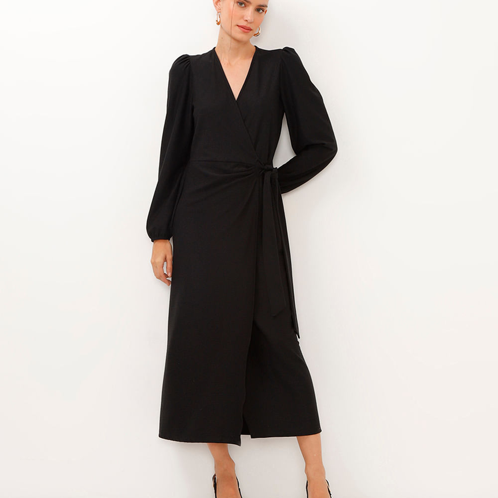 Vestido midi transpassado manga bufante preto Vestido midi transpassado manga bufante preto