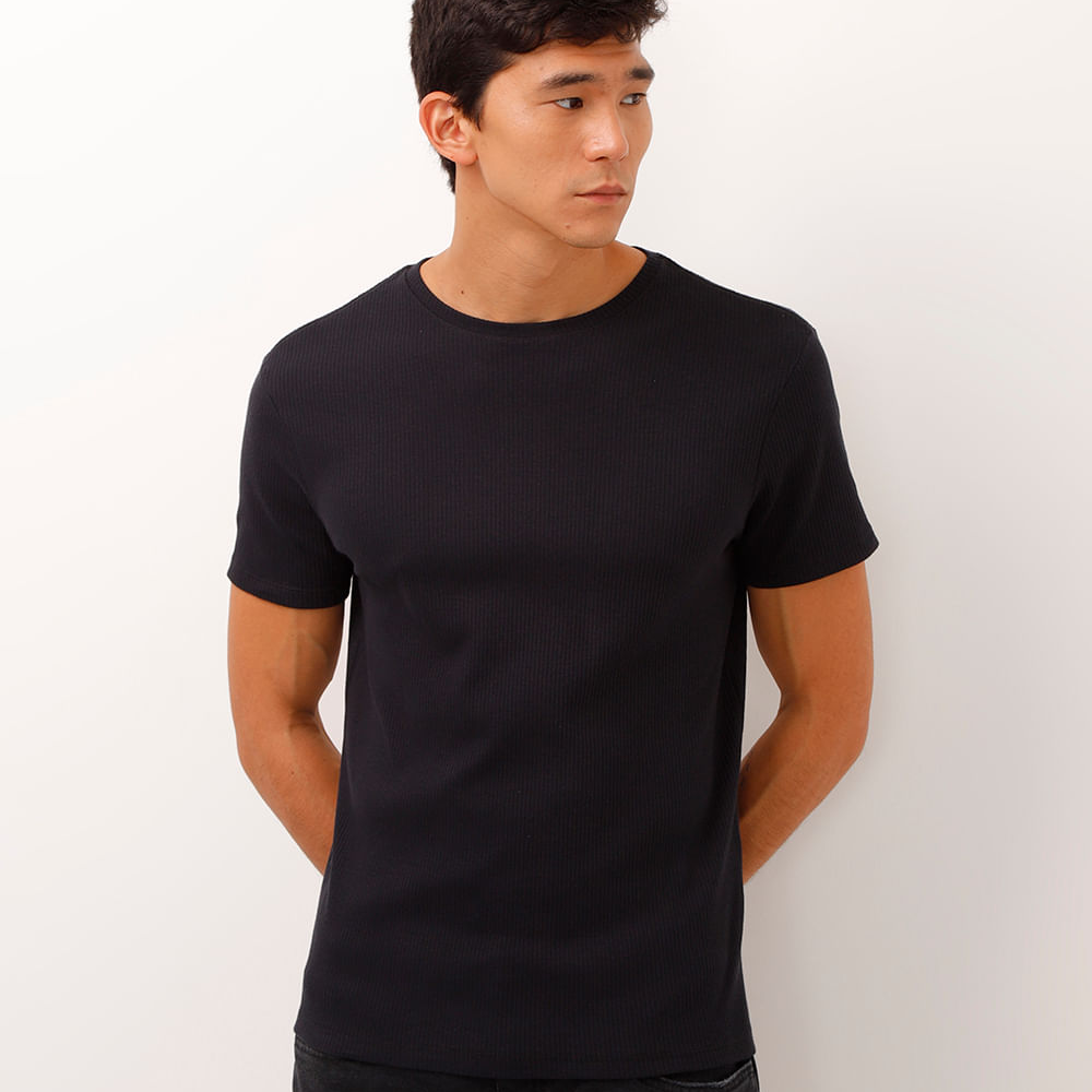 Camiseta de algodão manga curta texturizada preta Camiseta de algodão manga curta texturizada preta