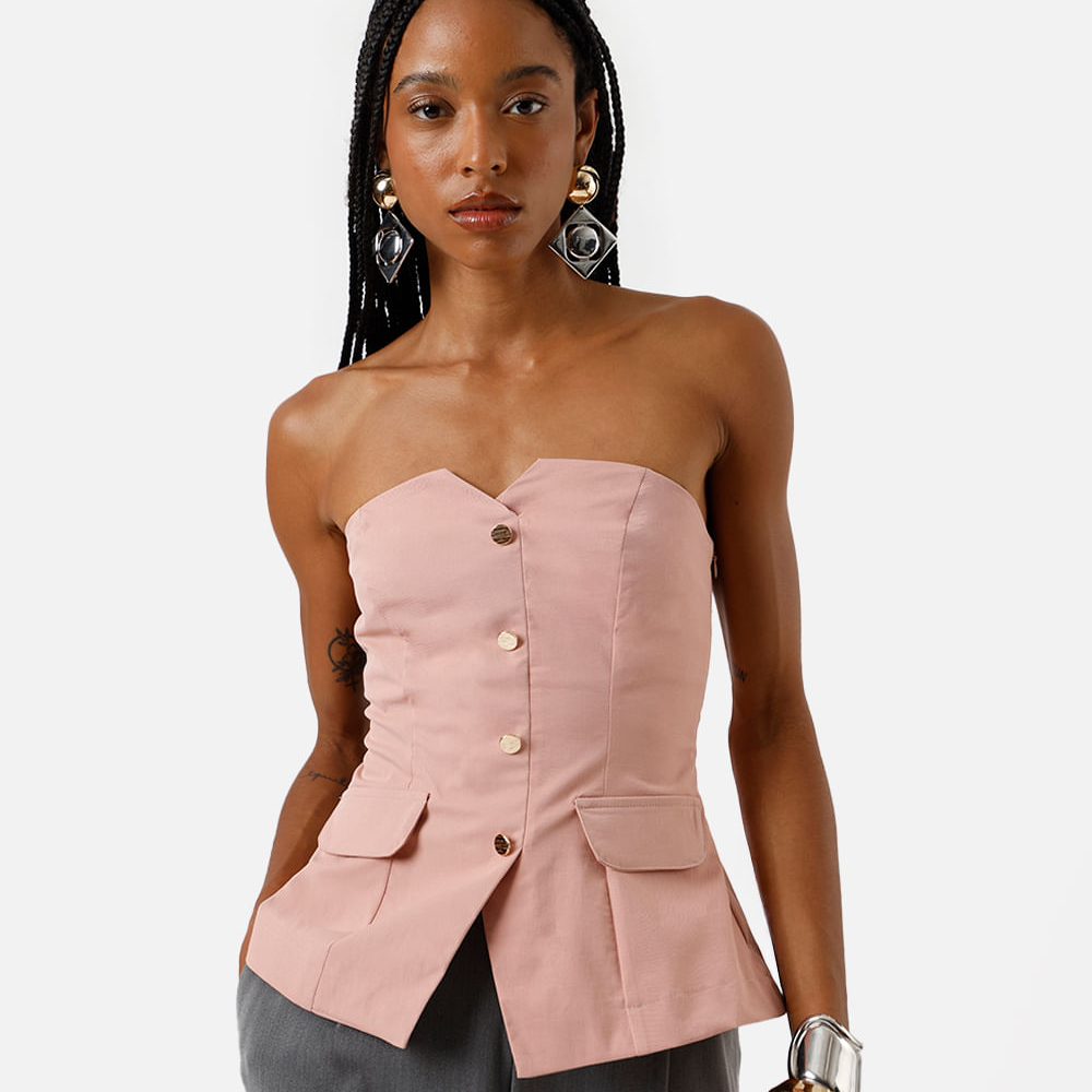 Top corset feminino de alfaiataria com botão e lapela rosa Top corset feminino de alfaiataria com botão e lapela rosa