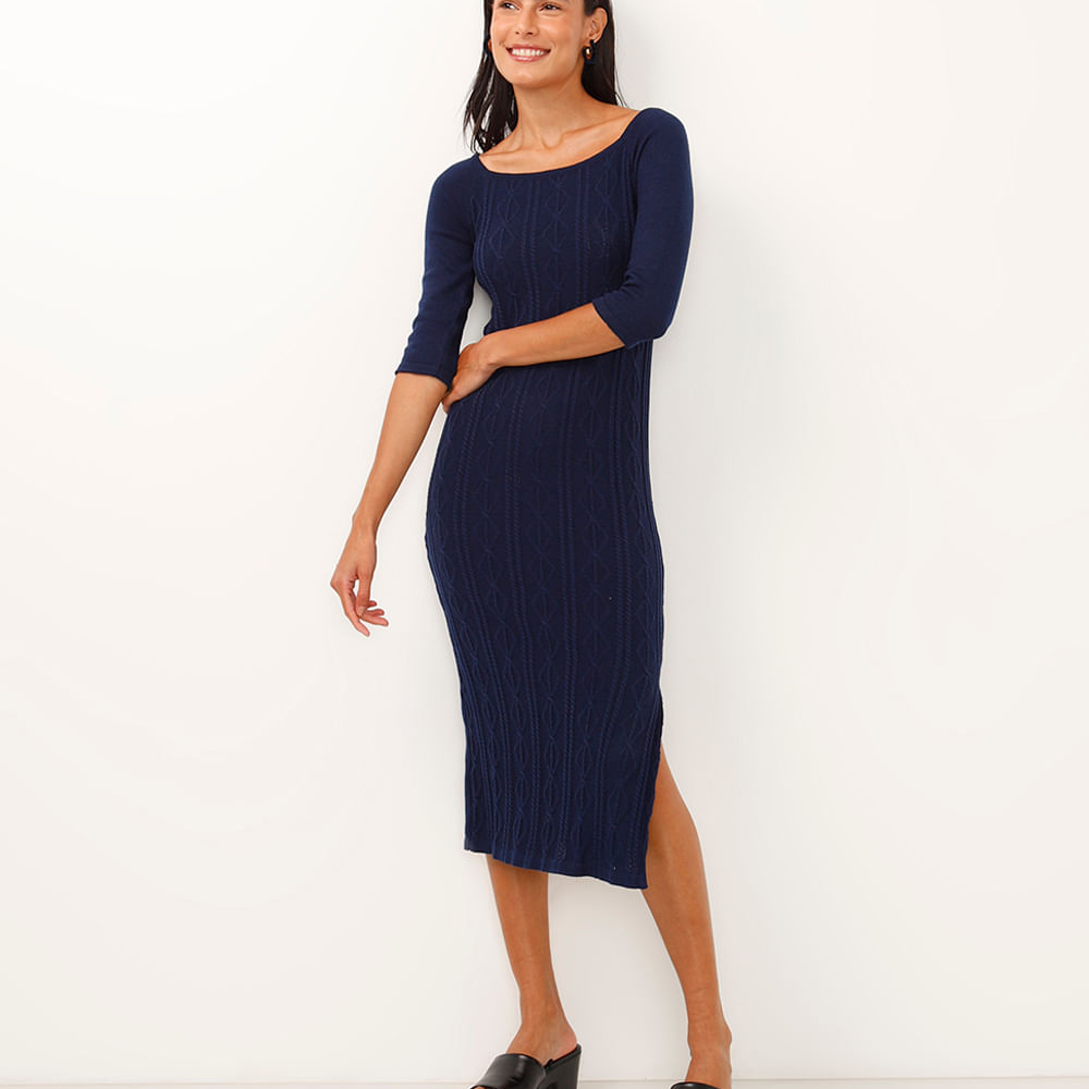 Vestido midi de tricot decote canoa texturizado azul Vestido midi de tricot decote canoa texturizado azul
