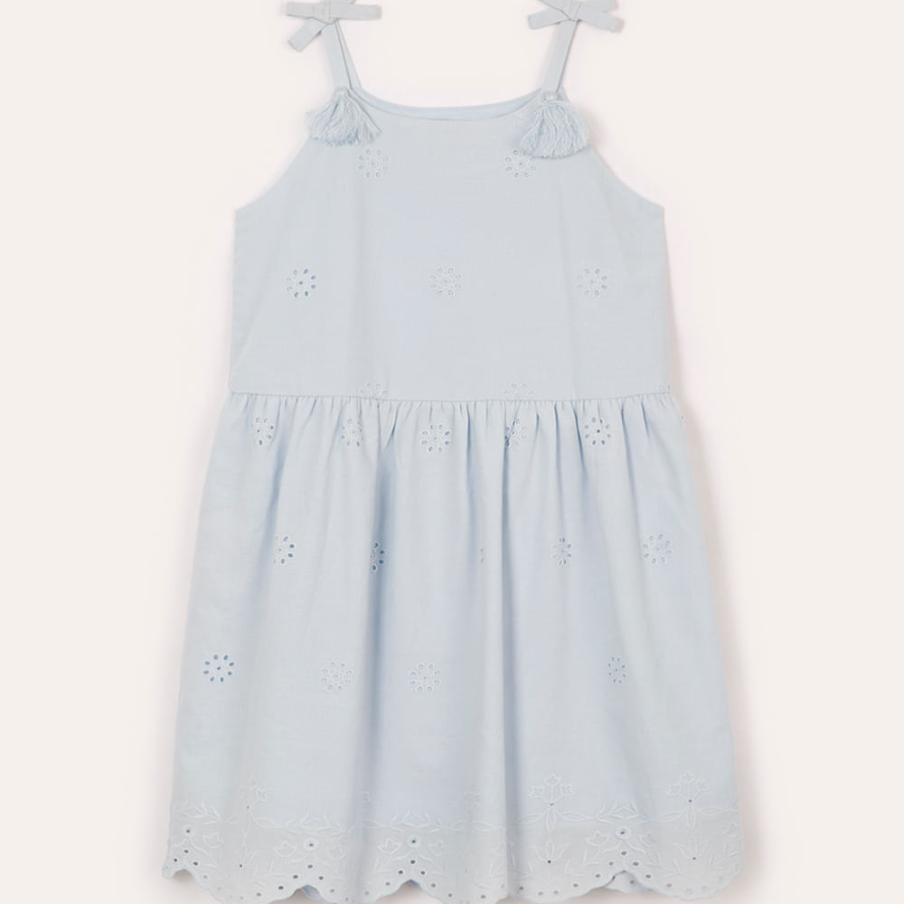 Vestido de algodão infantil com bordado floral azul