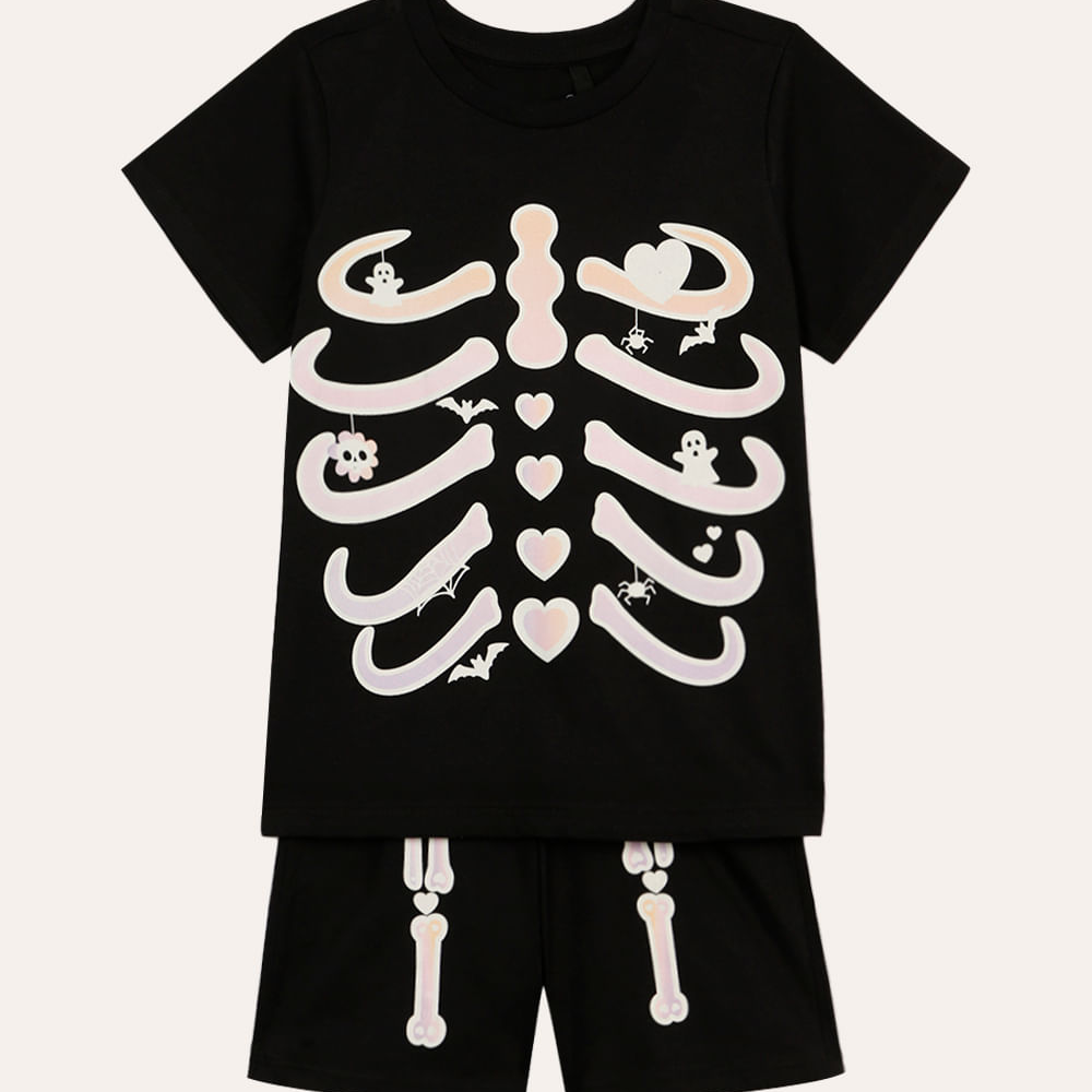 Pijama curto esqueleto brilha no escuro infantil preto