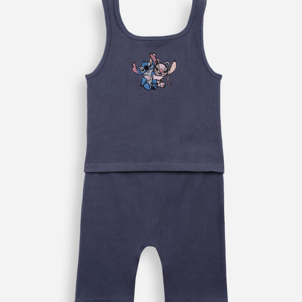 Conjunto curto infantil canelado stitch e angel cinza Conjunto curto infantil canelado stitch e angel cinza