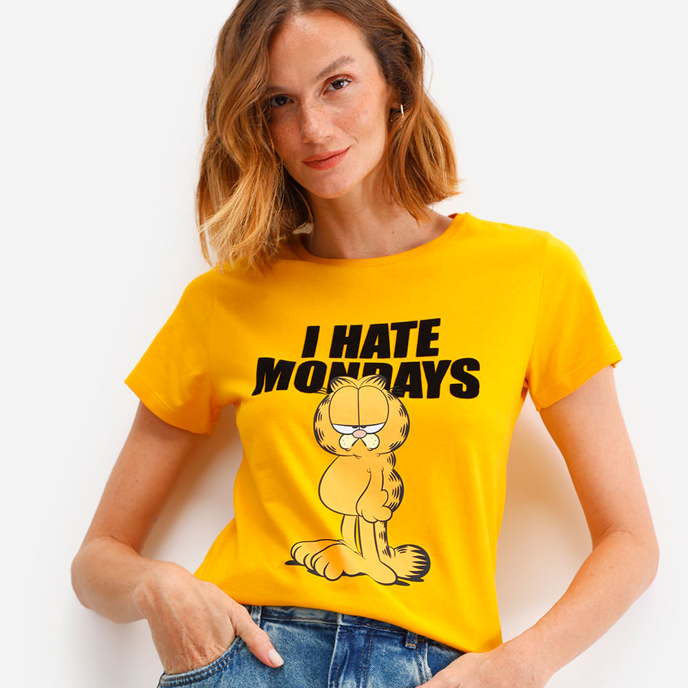 Camiseta feminina de algodão garfield amarela Camiseta feminina de algodão garfield amarela
