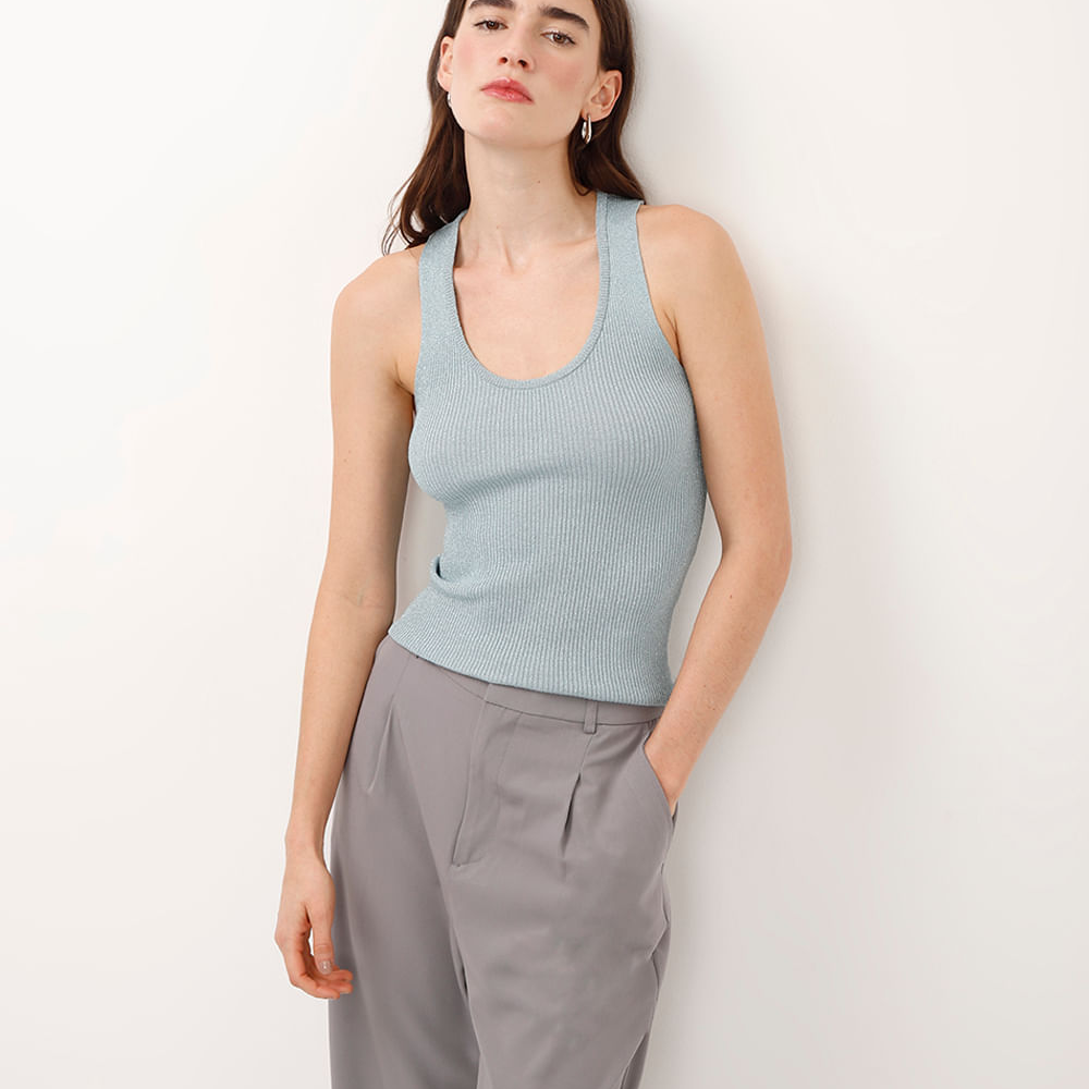 Regata de tricot canelada com lurex azul Regata de tricot canelada com lurex azul