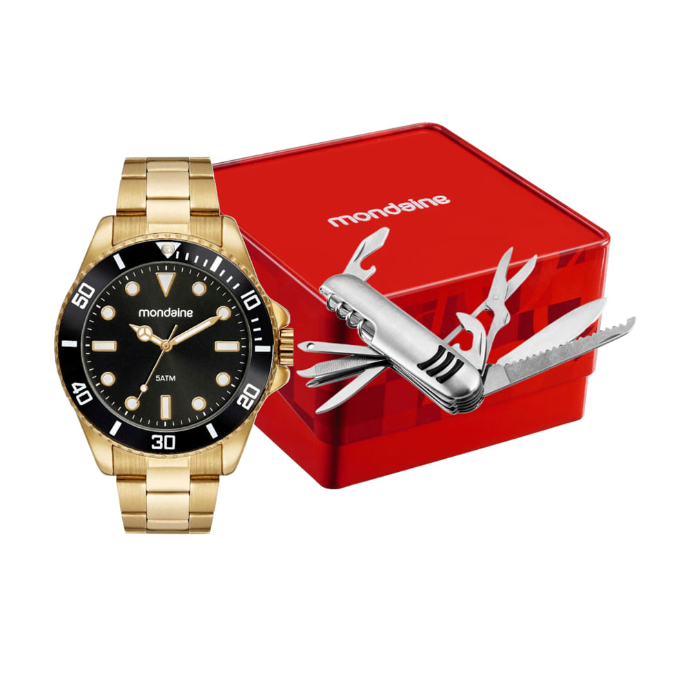 Kit relógio masculino mondaine analógico 32549gpmvde2kb dourado Kit relógio masculino mondaine analógico 32549gpmvde2kb dourado