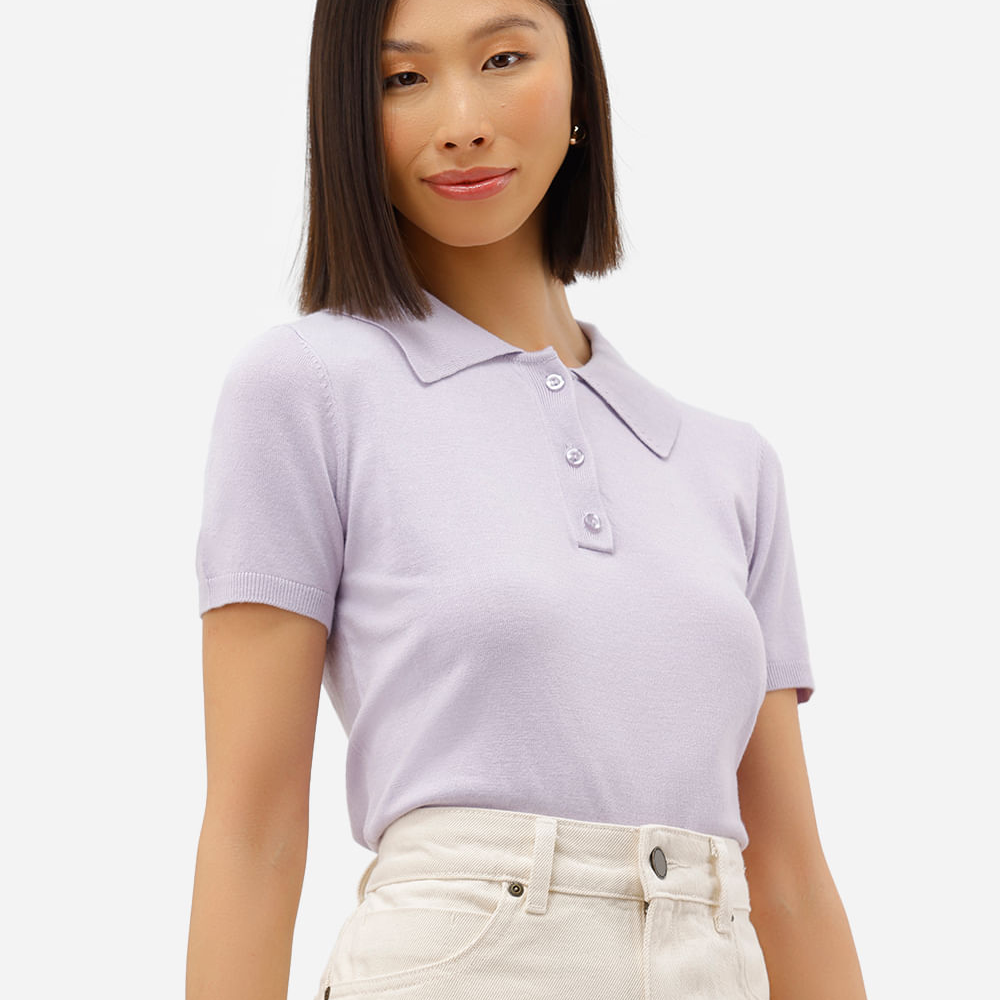 Polo feminina de tricot manga curta lilás Polo feminina de tricot manga curta lilás
