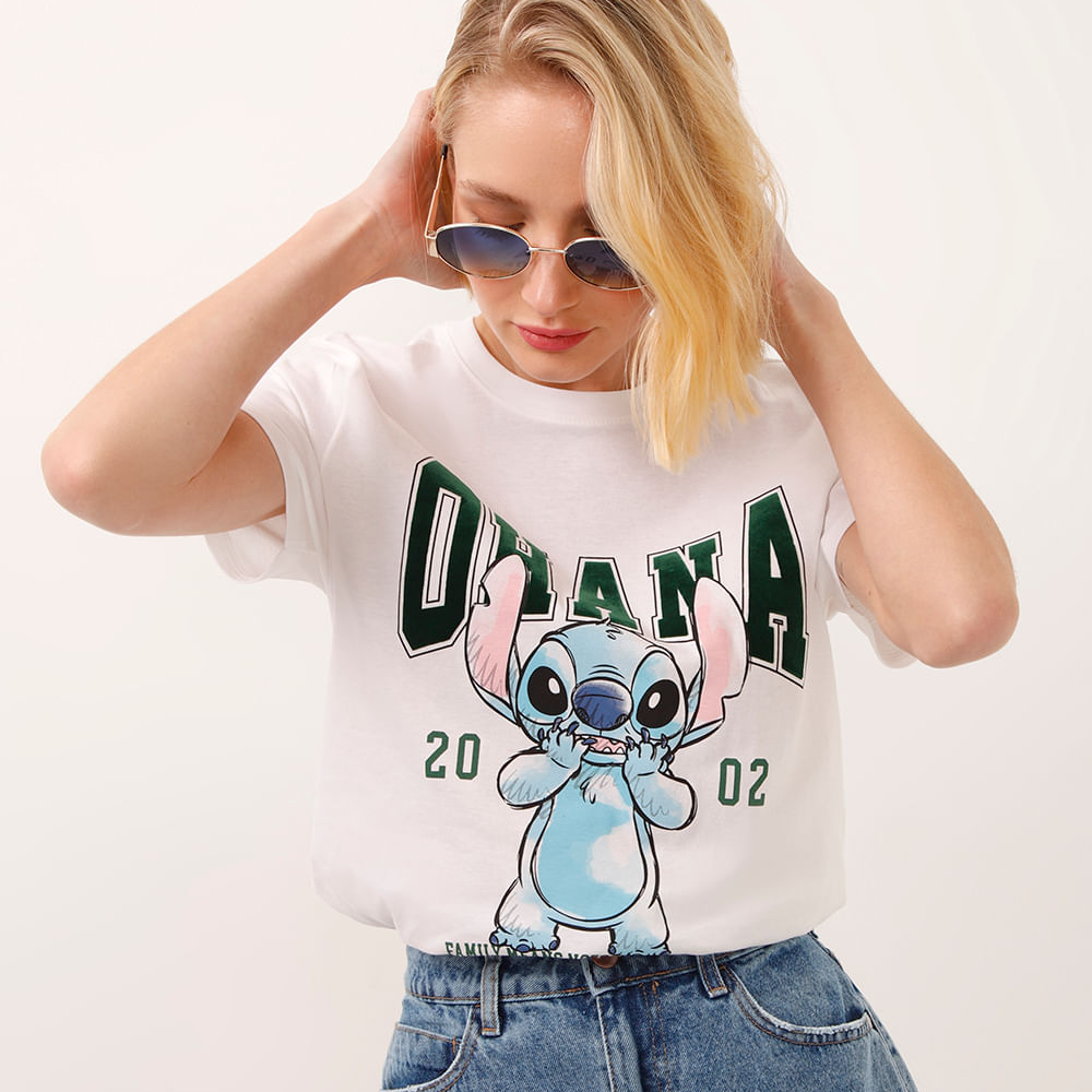 Camiseta de algodão manga curta ohana stitch off white Camiseta de algodão manga curta ohana stitch off white