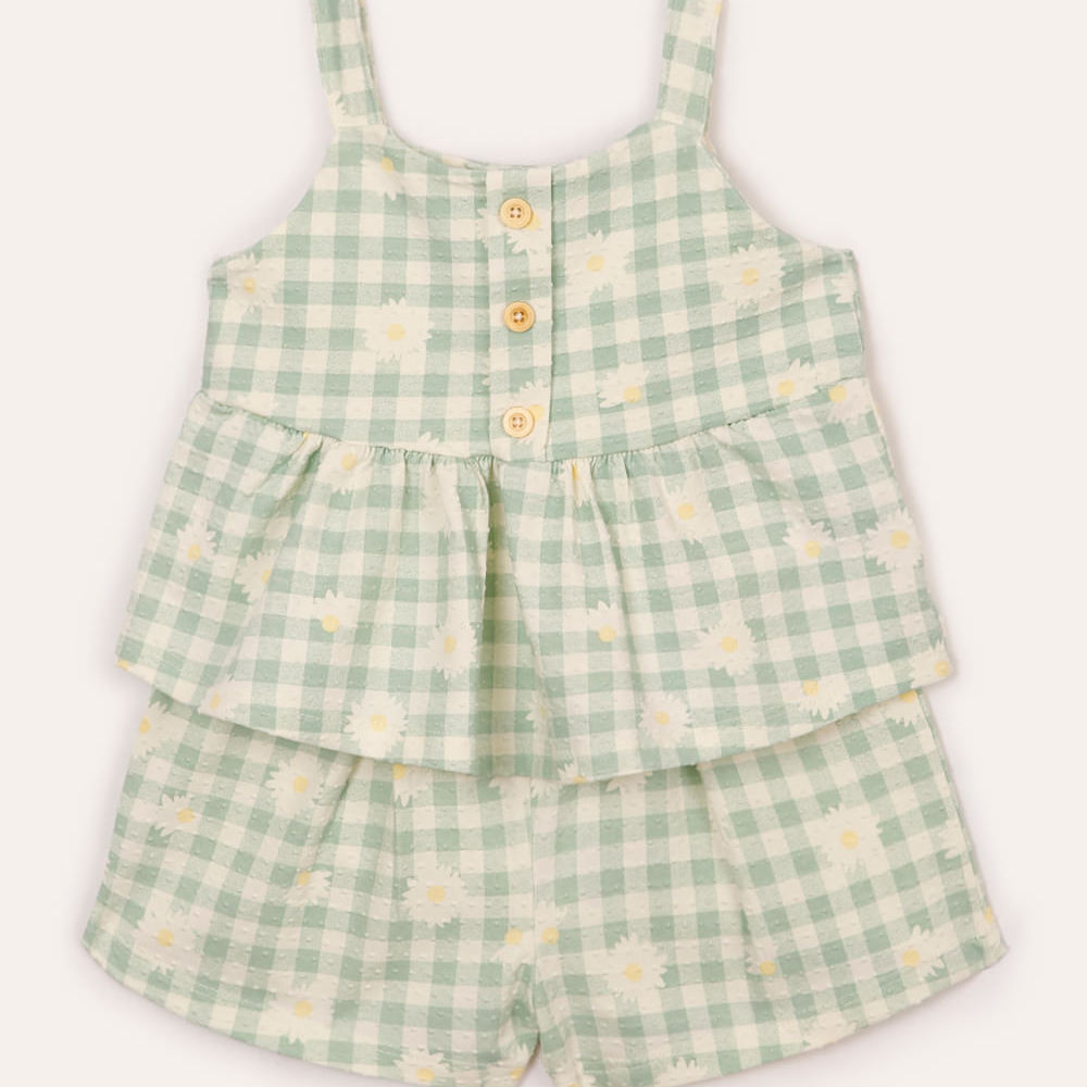 Conjunto curto infantil xadrez floral texturizado verde Conjunto curto infantil xadrez floral texturizado verde