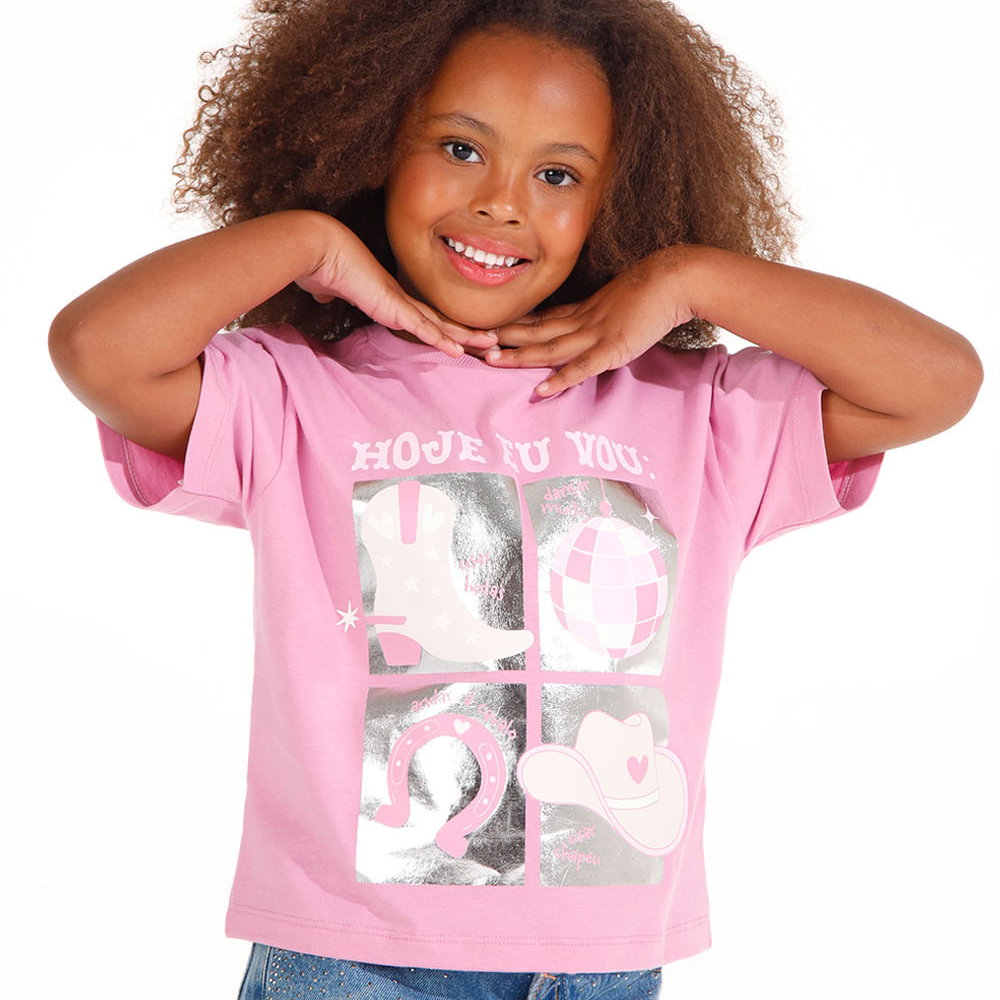 Camiseta de algodão infantil metalizada rosa Camiseta de algodão infantil metalizada rosa