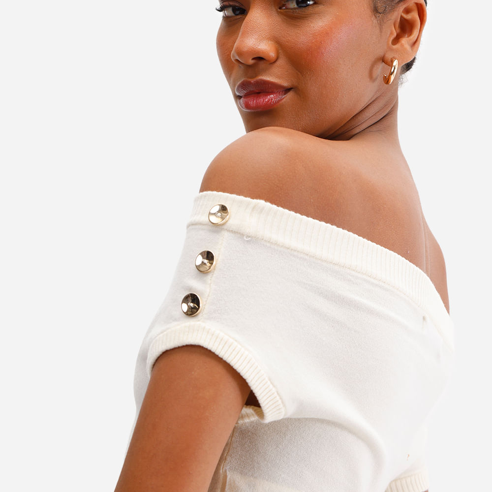Cropped feminino de tricot ombro a ombro off white Cropped feminino de tricot ombro a ombro off white