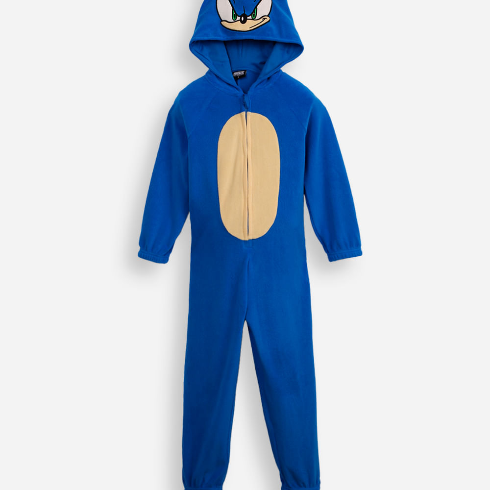 Pijama macacão de pelúcia infantil com capuz sonic azul Pijama macacão de pelúcia infantil com capuz sonic azul