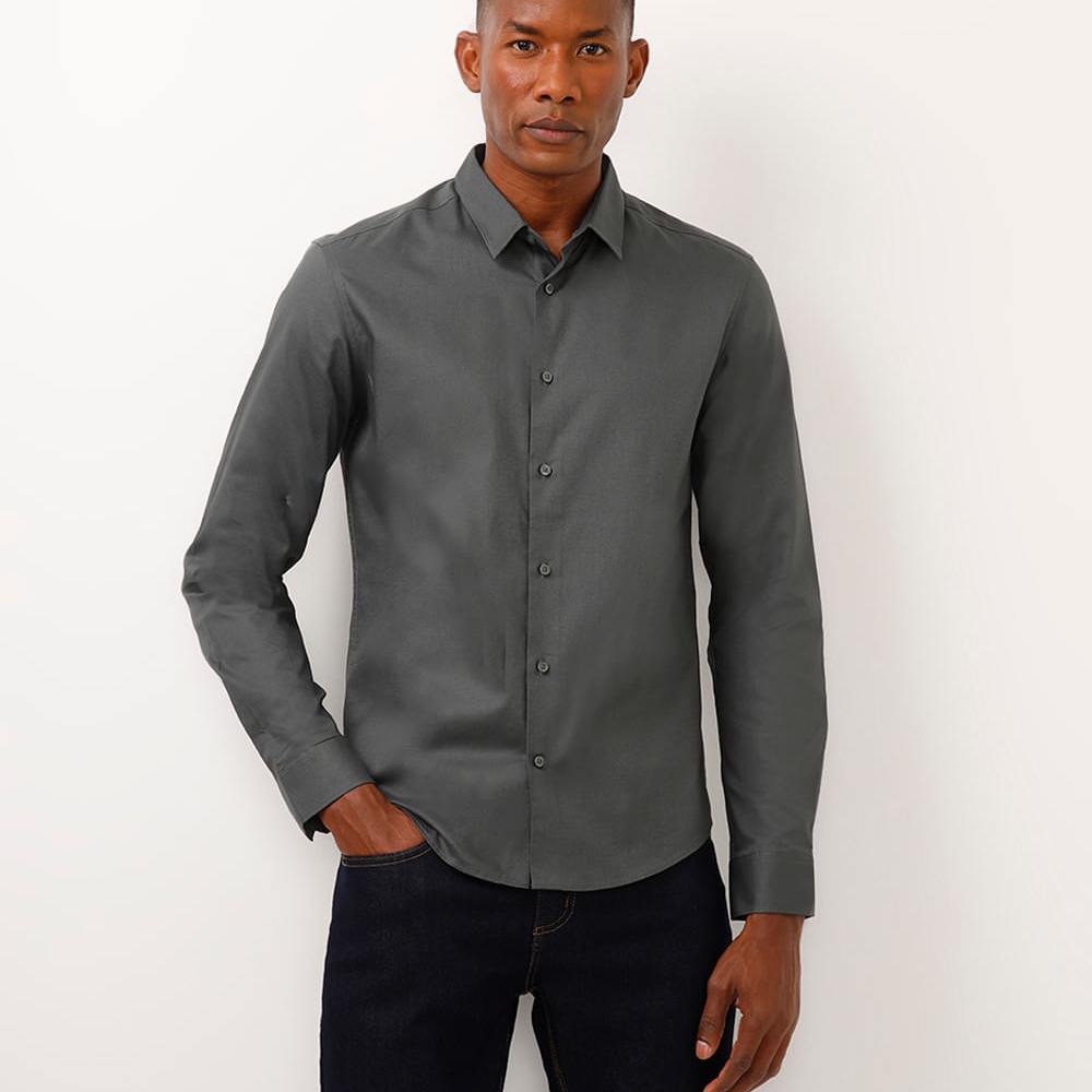 Camisa slim de algodão manga longa texturizada verde Camisa slim de algodão manga longa texturizada verde