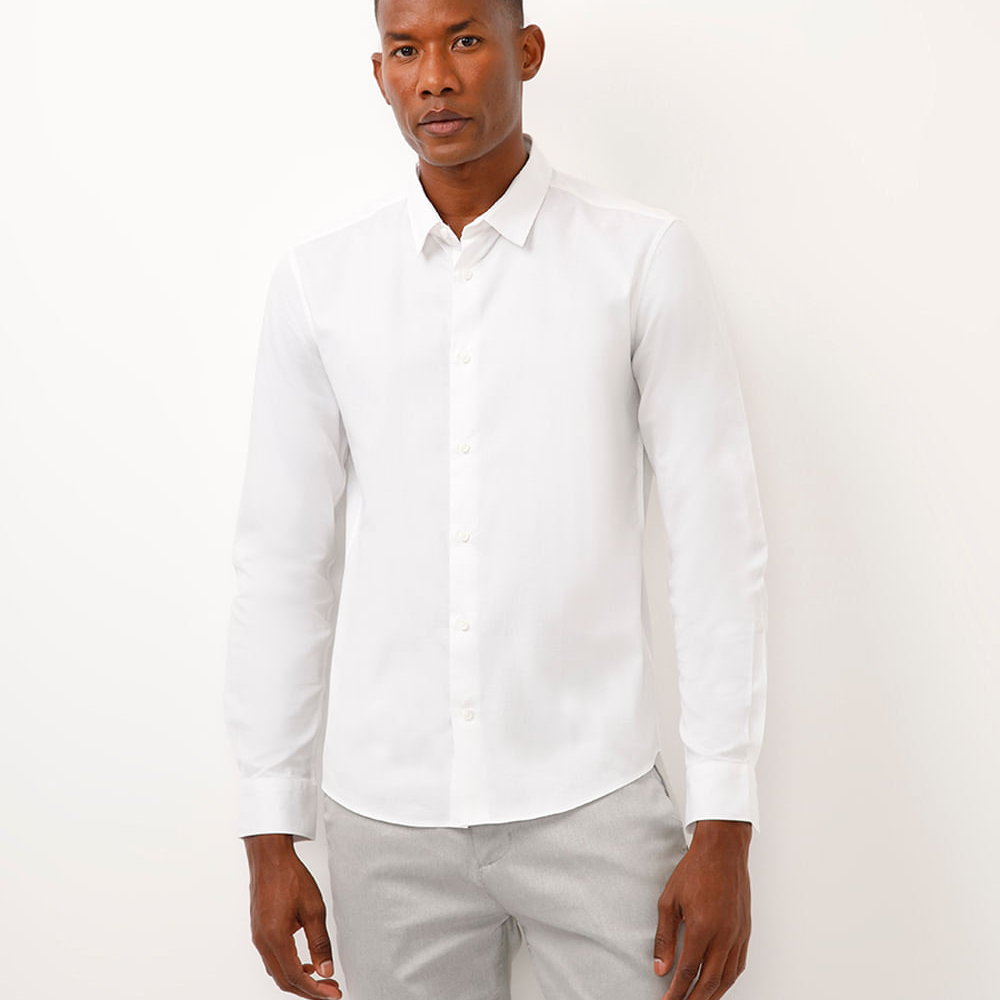 Camisa slim de algodão manga longa texturizada off white Camisa slim de algodão manga longa texturizada off white