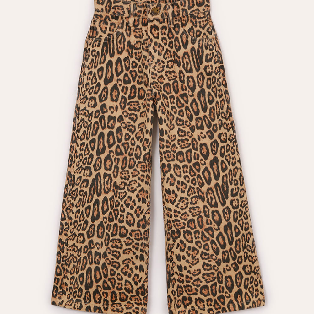 Calça wide leg infantil animal print bege Calça wide leg infantil animal print bege