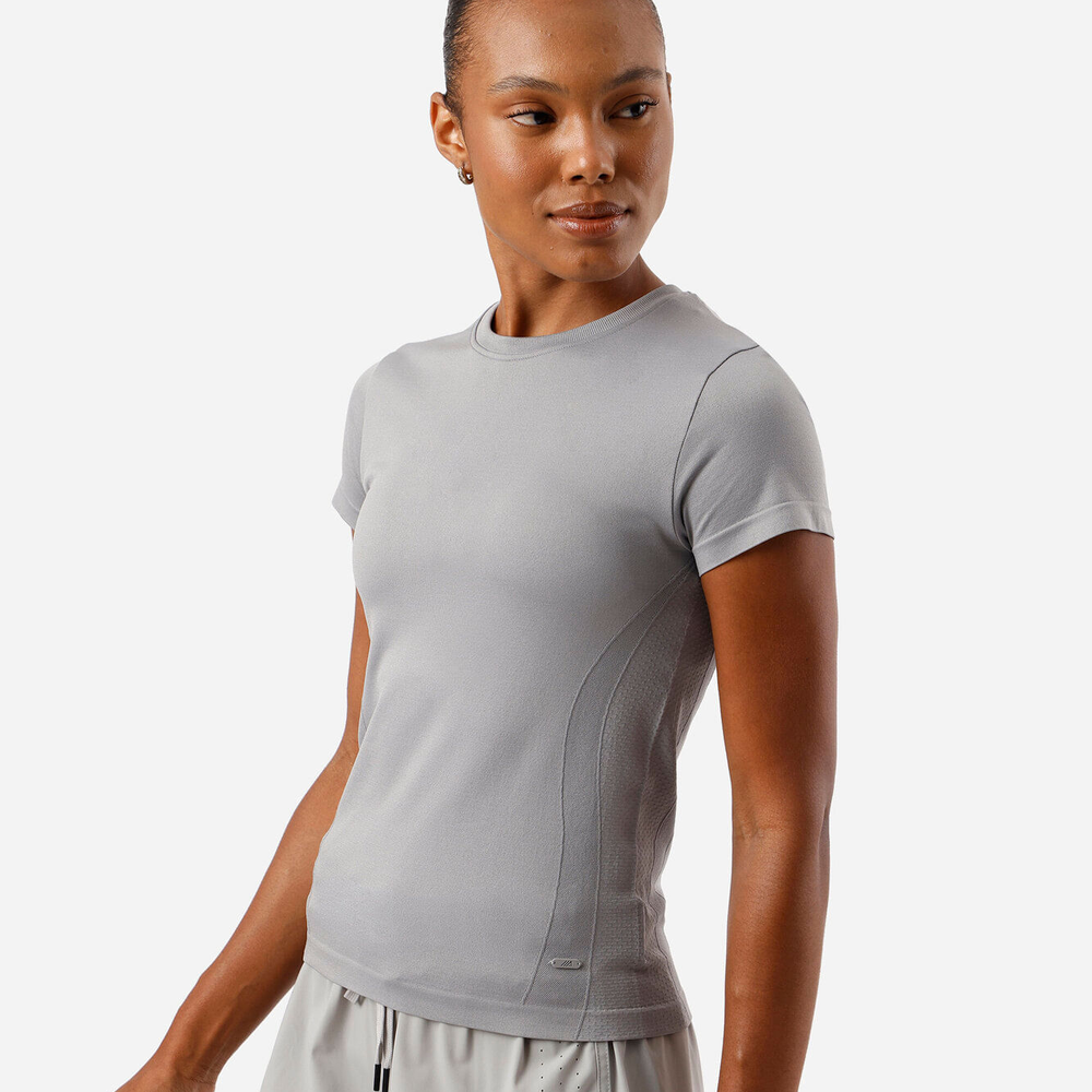 Camiseta esportiva feminina de poliamida sem costura cinza Camiseta esportiva feminina de poliamida sem costura cinza