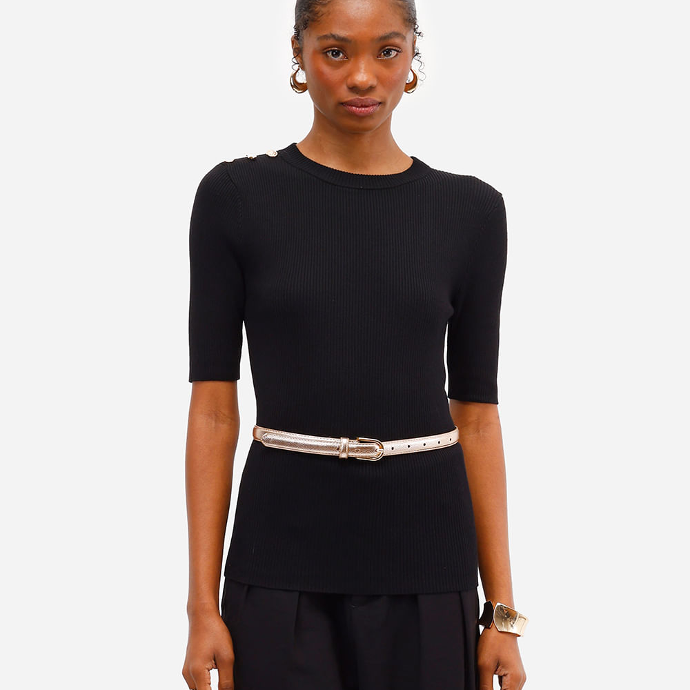 Blusa feminina de tricot com botões canelada preta Blusa feminina de tricot com botões canelada preta