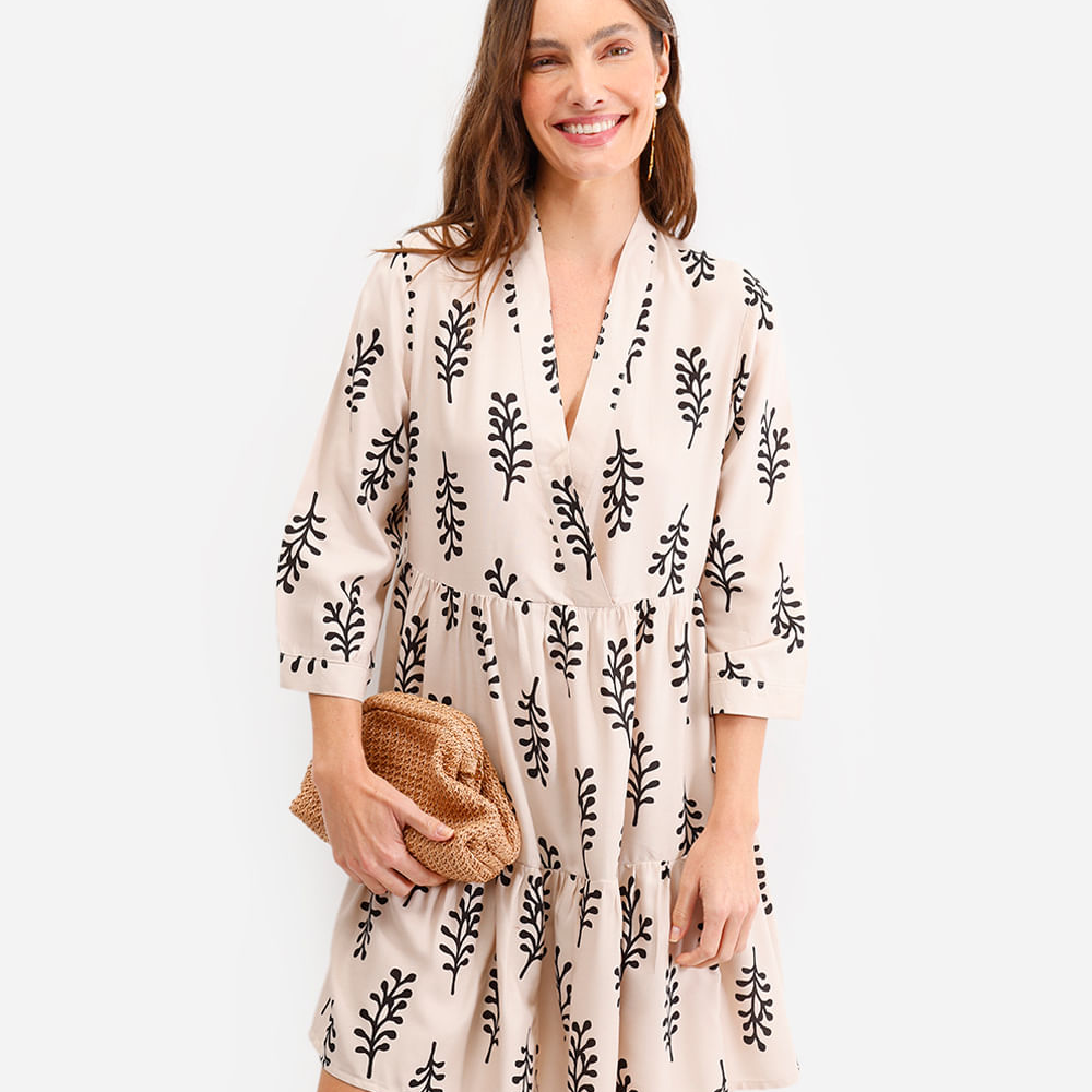 Vestido feminino de viscose decote v folhagem bege Vestido feminino de viscose decote v folhagem bege