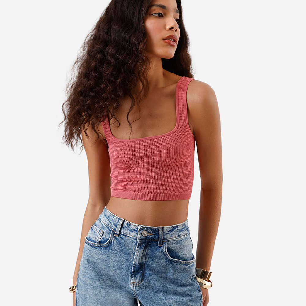 Cropped básico feminino texturizado rosa Cropped básico feminino texturizado rosa