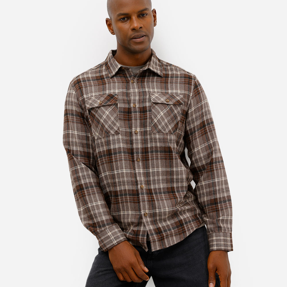 Camisa masculina manga longa com bolsos xadrez marrom Camisa masculina manga longa com bolsos xadrez marrom