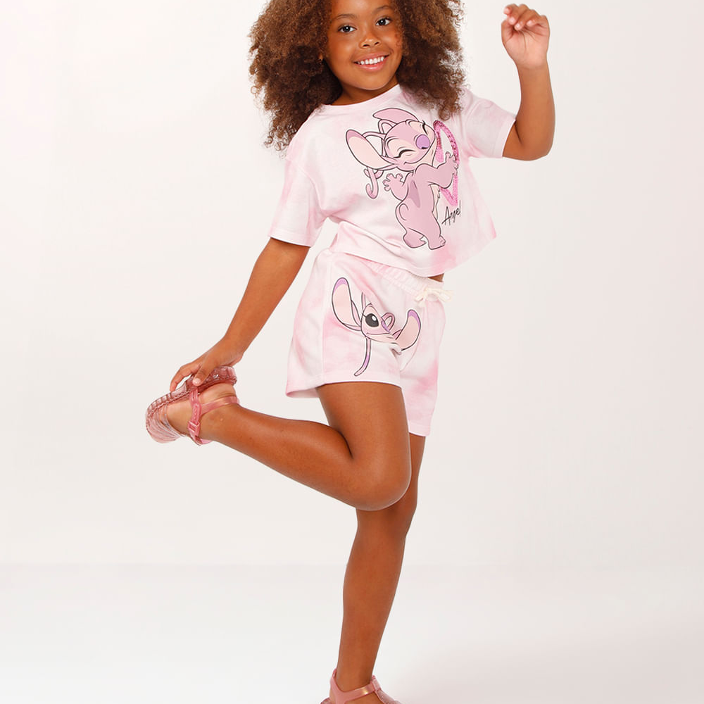 Conjunto curto infantil de algodão lilo e stitch rosa Conjunto curto infantil de algodão lilo e stitch rosa
