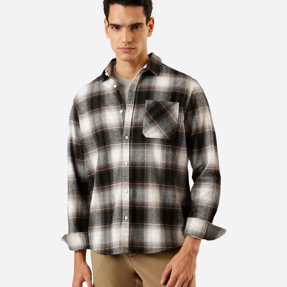 Camisa comfort masculina de algodão manga longa xadrez preta Camisa comfort masculina de algodão manga longa xadrez preta
