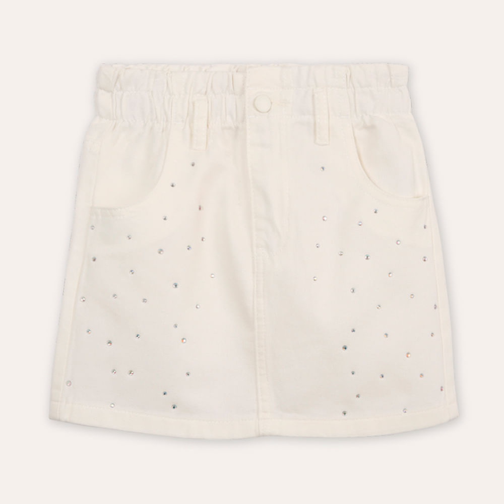 Saia reta infantil de sarja com brilhos off white Saia reta infantil de sarja com brilhos off white