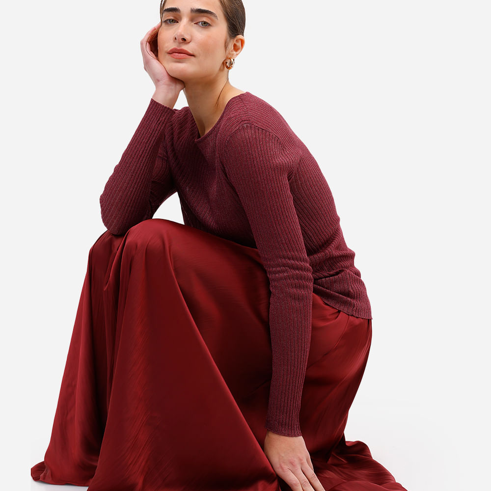 Suéter feminino de tricot com lurex canelado vinho Suéter feminino de tricot com lurex canelado vinho